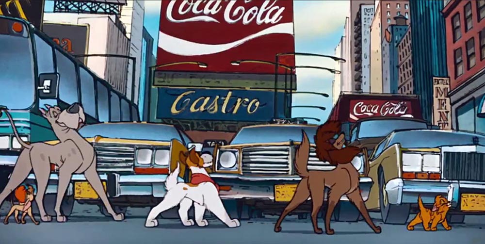 cartoon image of dogs walking in front of traffic