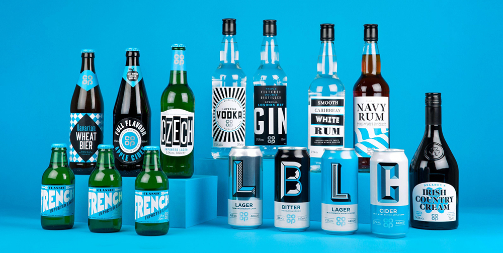 Coops alcohol packaging on blue background