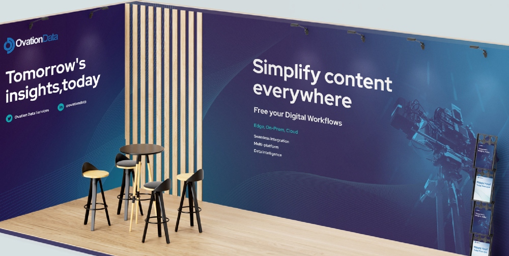 blue exhibition graphics for Ovation Data 