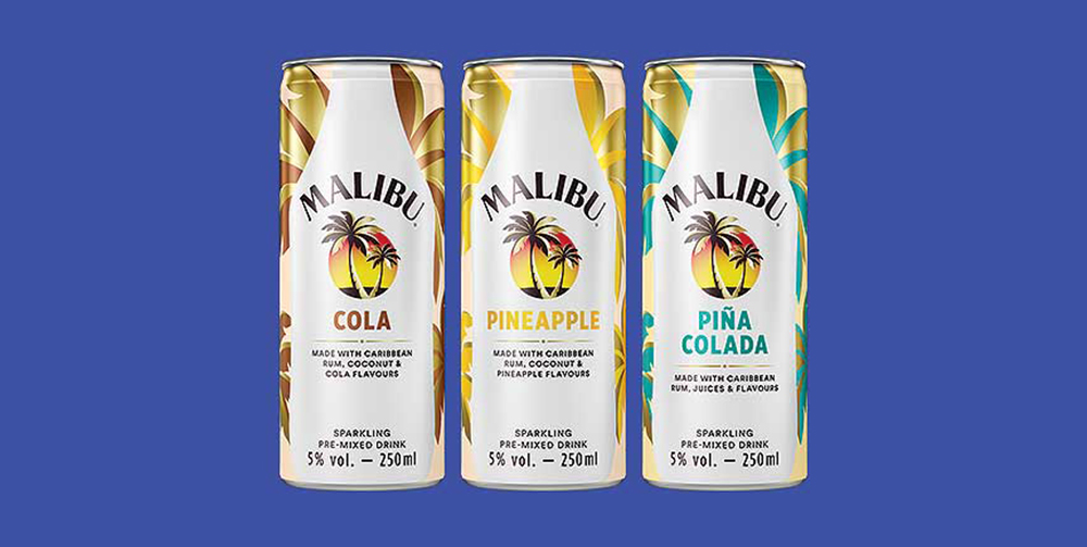 Malibu tins on a blue background