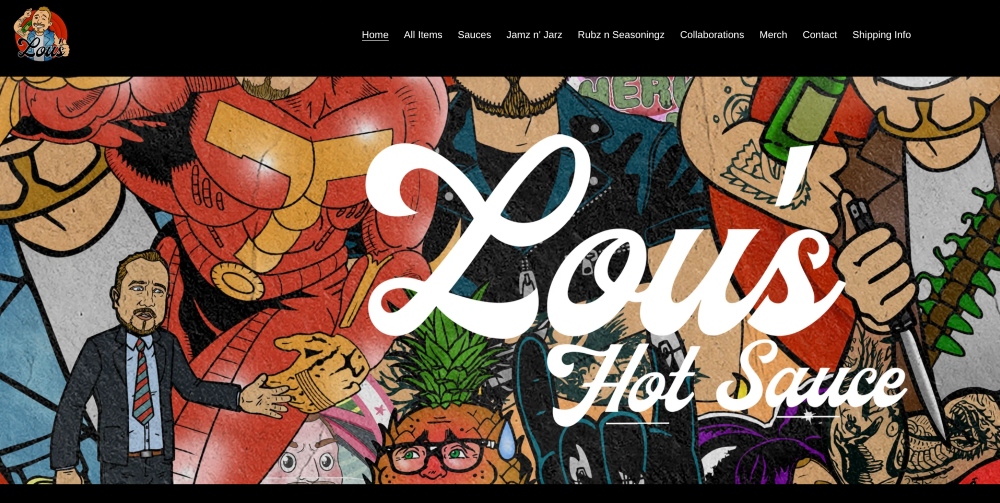 it's too hot website banner with lous hot sauce written on it 