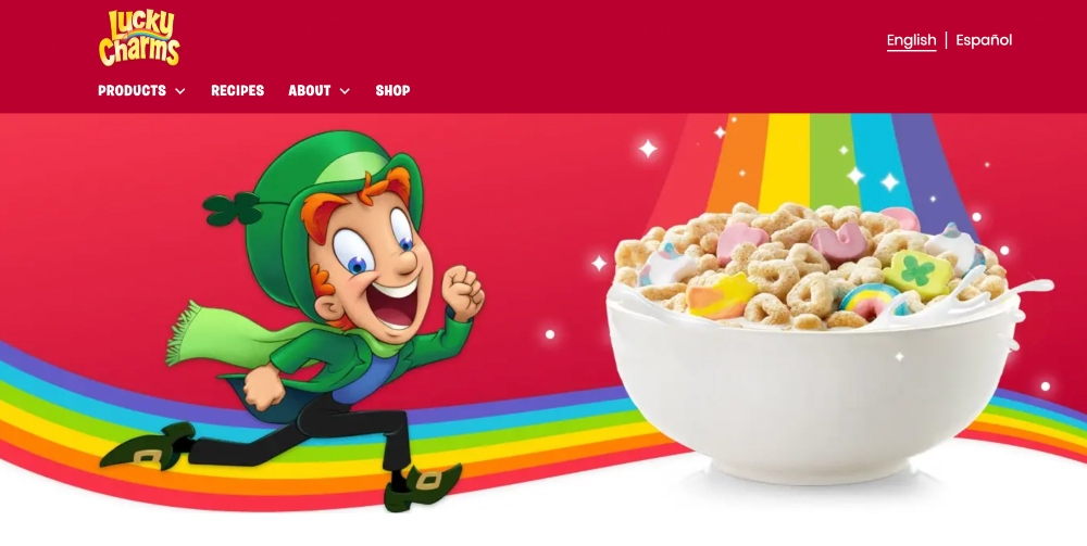 red website banner showing bowl of lucky charms cereal
