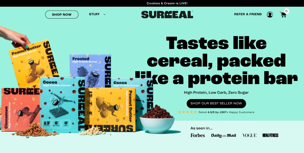 person grabbing a box of surreal cereal 