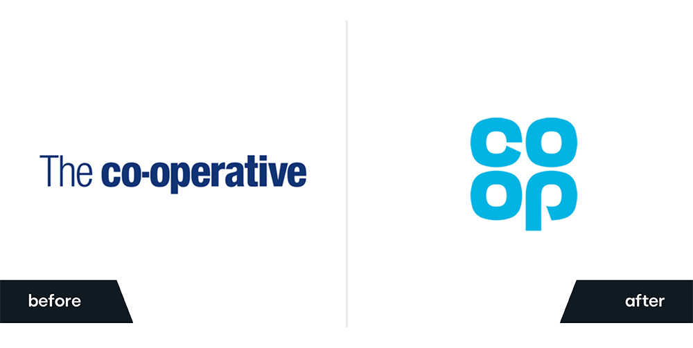 Before and After of Co-Op's rebrand and logo design