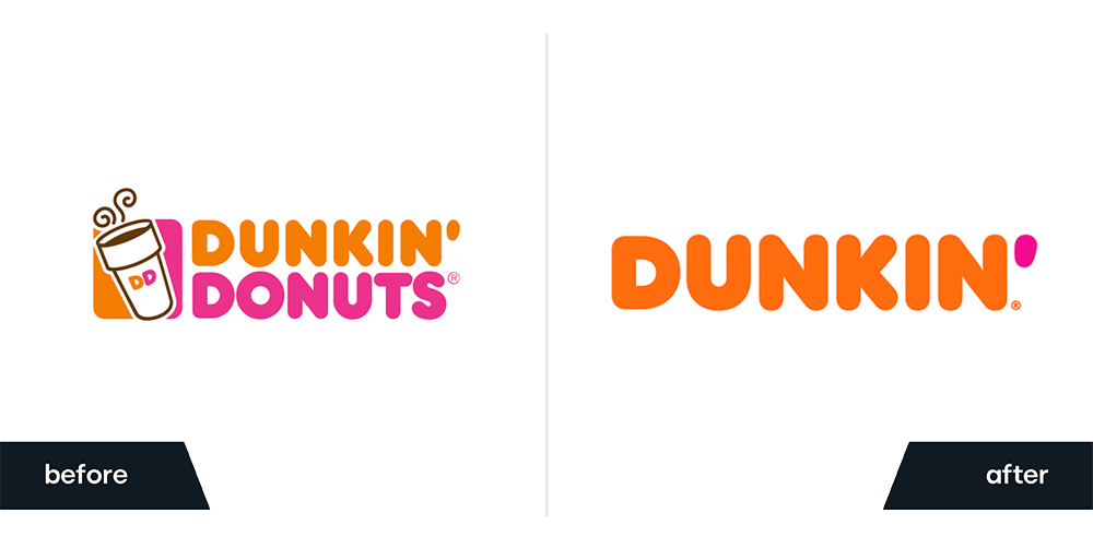 Before and After of Dunkin's rebrand and logo design