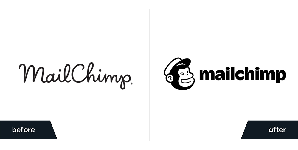 Before and After of Mailchimp's rebrand and logo design