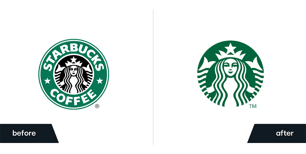 Before and After of Starbucks' rebrand and logo design