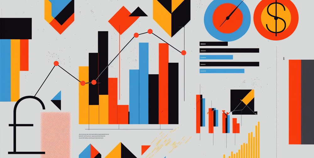 Graphs, charts, and currency showing an upwards trend after rebranding success.