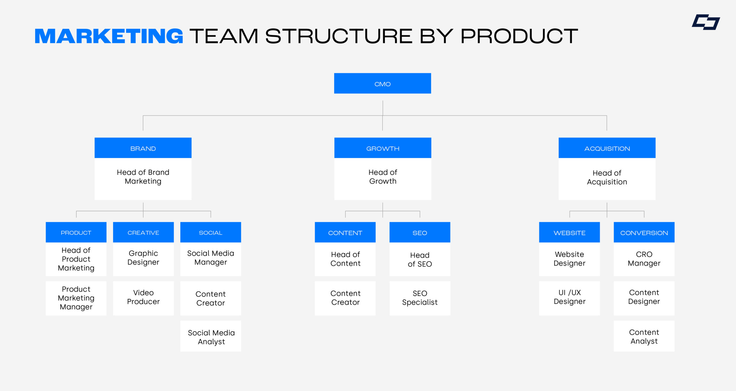 blue and white infographic showing marketing team structure by product