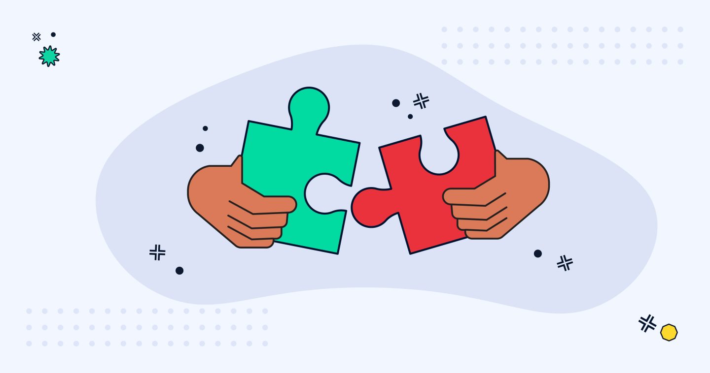 A green and a red puzzle piece being slotted together.