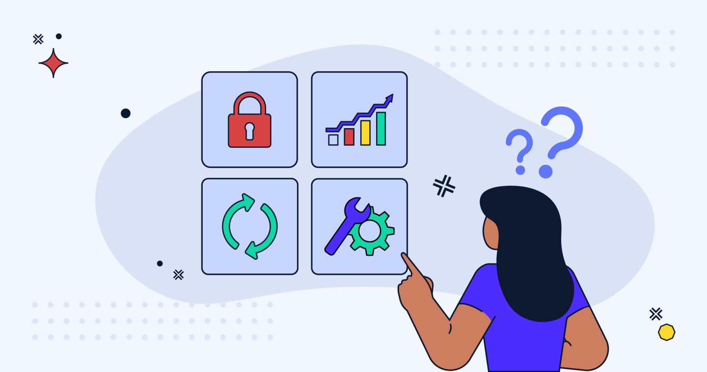 A person pointing to different icons that highlight what's included in managed website hosting. The icons are; a padlock, a graph, tools, and arrows.