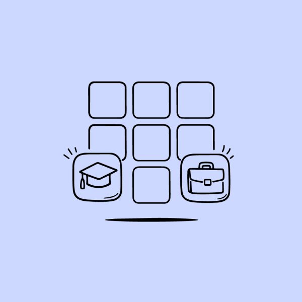 Icon of 9 grid square with education cap and briefcase on a purple background