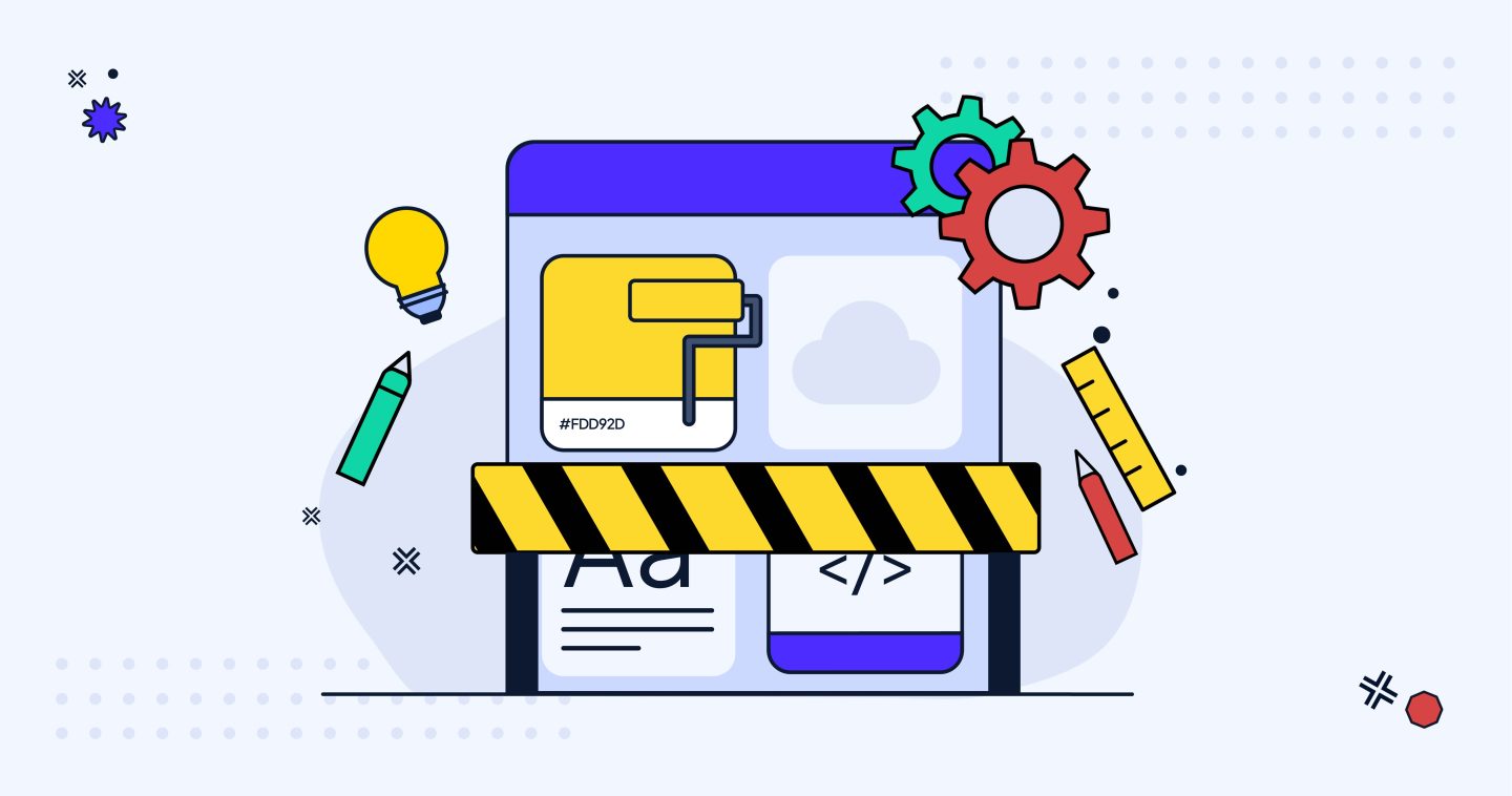 A construction barrier in front of different branding elements, including a colour swatch, typography, coding and a web page.