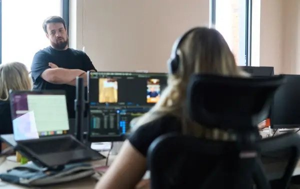 Canny office with Tony standing chatting to Leanne and Maisie.